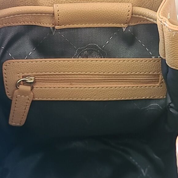 Vince Camuto Drawstring Shoulder Bucket Bag Tan Camel Gold Accents - Picture 10 of 15